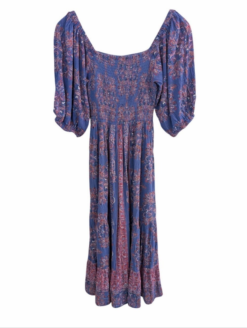 Angie Smocked Puff Sleeve Bohemian Midi Dress Blue Small